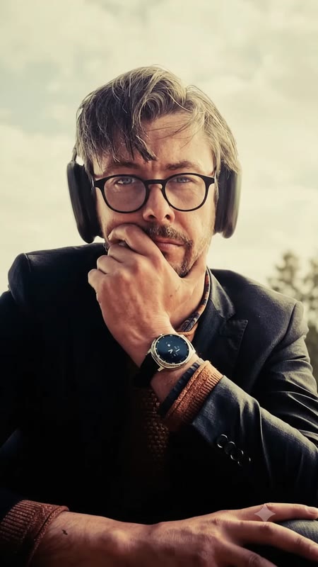 Jonathan Nestler in a navy jacket and headphones, hand to chin, under a green-gold sky, glancing around thoughtfully